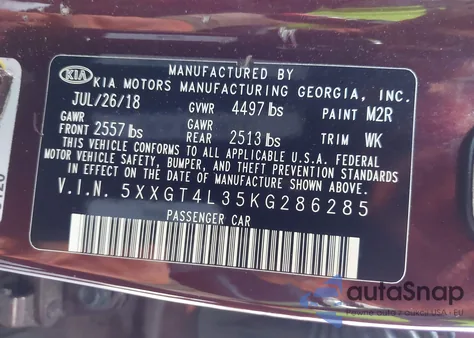 2019 Kia Optima Lx from USA, damaged, VIN 5XXGT4L35KG286285